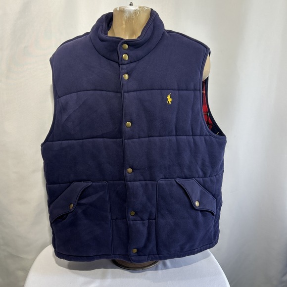 VTG POLO RALPH LAUREN Quilted Puffer Vest XL Flannel Jacket Plaid Navy Blue